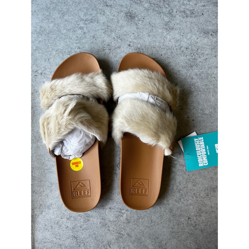 NEW Reef Cushion Vista Cozy Sand Faux Fur Dual Strap Slide Sandals Womens 9